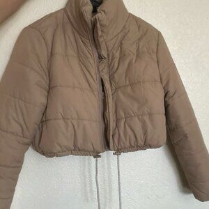 NEW women's medium beige tan corduroy puffer jacket cropped cozy coat oversized